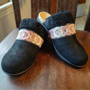 Spenco Black Leather Fabric Slip On Fuzzy Clogs Size 7